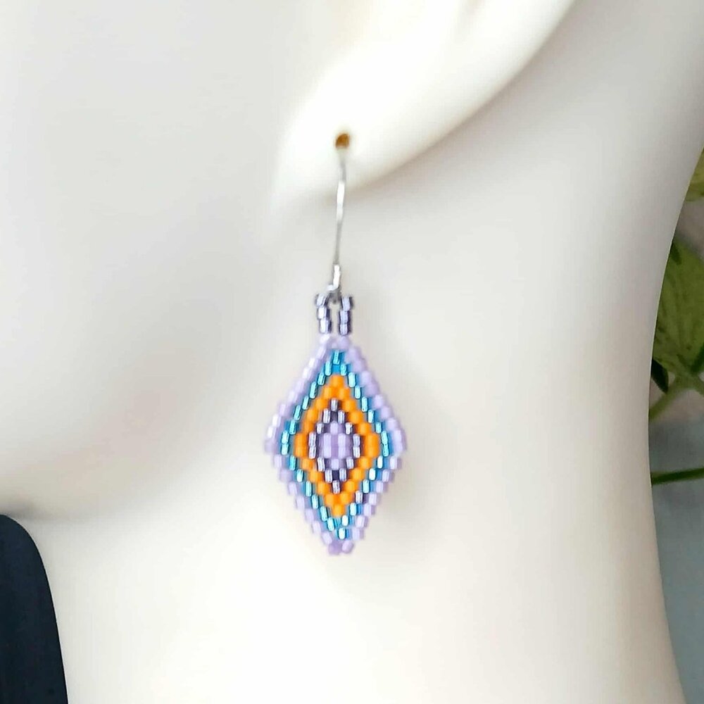 BOGO EARRINGS Boho Chic Beaded Dangle Earrings, Seed Bead Geometric, 2"